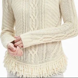Banana Republic Fringe Hem Cable Knit Aran Sweater Womens L Boho Italian Yarn